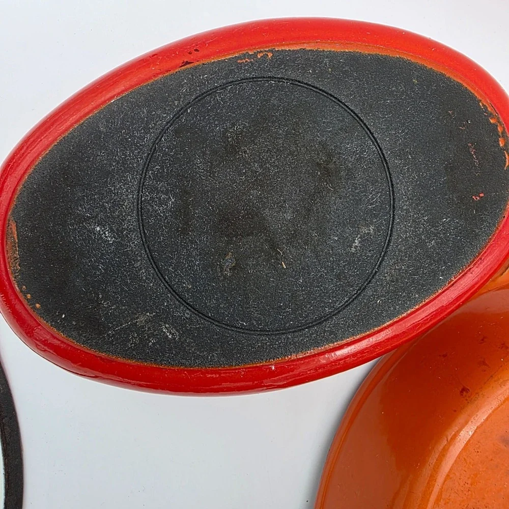Vintage Unbranded #16 Pan, skillet, Casserole Flame Orange Enamel Cast Iron 70s?